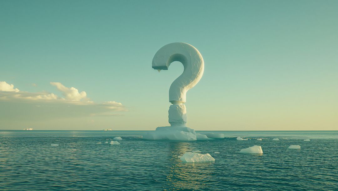 Floating Ice Sculpture Shaped as Question Mark in Tranquil Sea