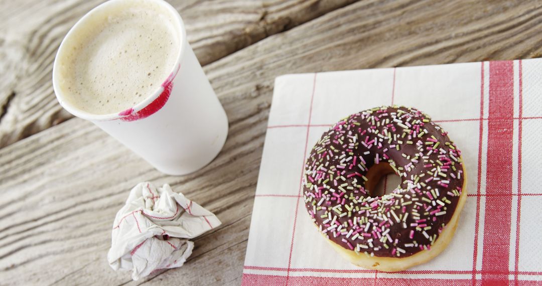 Coffee and Donut with Chocolate Icing and Sprinkles on Wooden Table - Free Images, Stock Photos and Pictures on Pikwizard.com