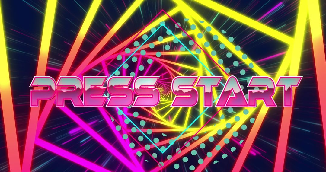Retro Neon Press Start Animation with Colorful Tunnel
