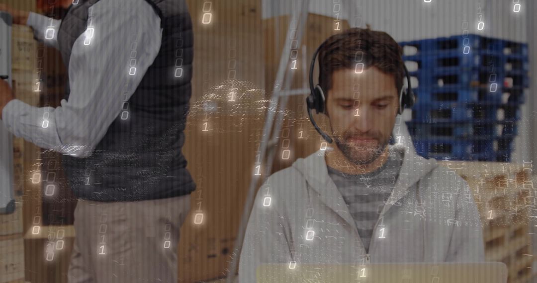 IT Specialist Typing in Warehouse Setting with Headset and Laptop