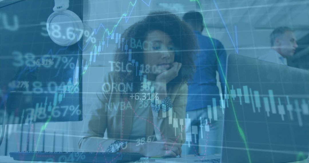 Business Analyst Exploring Stock Data on Laptop in Modern Office