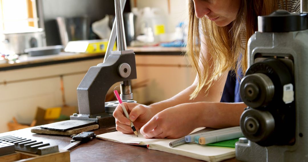 Female Engineer Writing Notes in Industrial Workshop - Free Images, Stock Photos and Pictures on Pikwizard.com