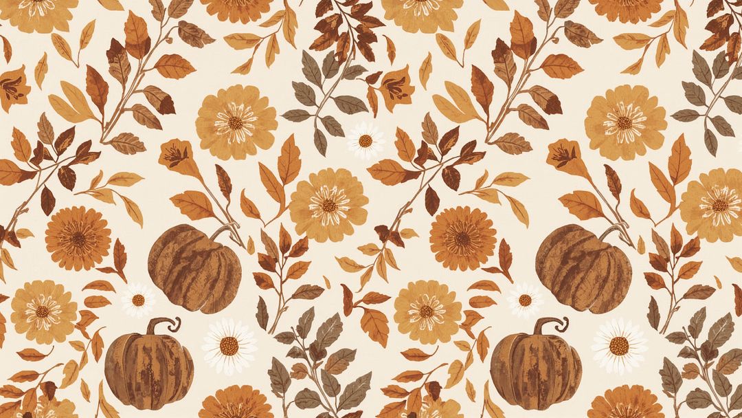 Autumn Botanical Pattern with Pumpkins and Flowers for Wrapping Design