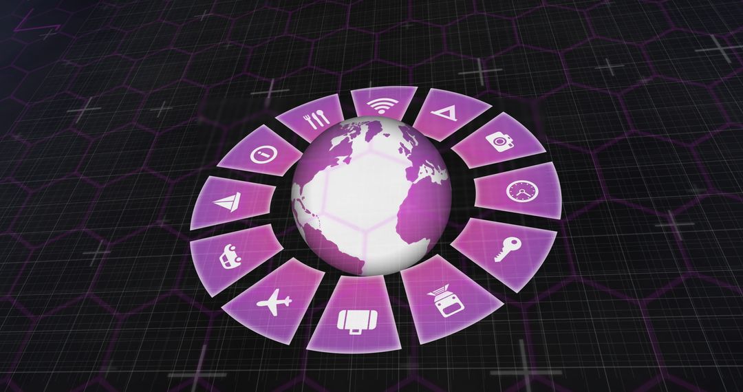 Digital Interface with Globe and Media Icons in Futuristic Setting