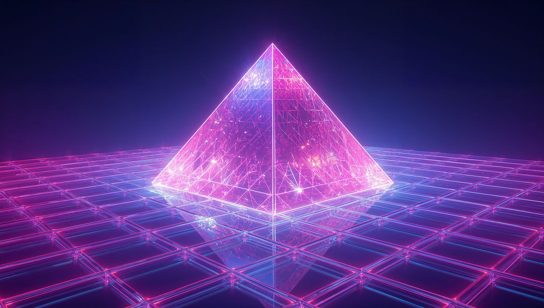 Glowing Neon Pyramid Reflecting on Futuristic Mirror Grid, Prismatic Wireframe Sparks