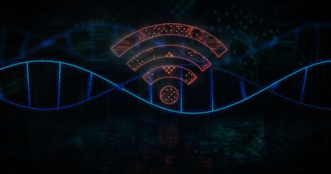 Neon Wi-Fi Symbol and DNA Helix Combining Technology and Biology