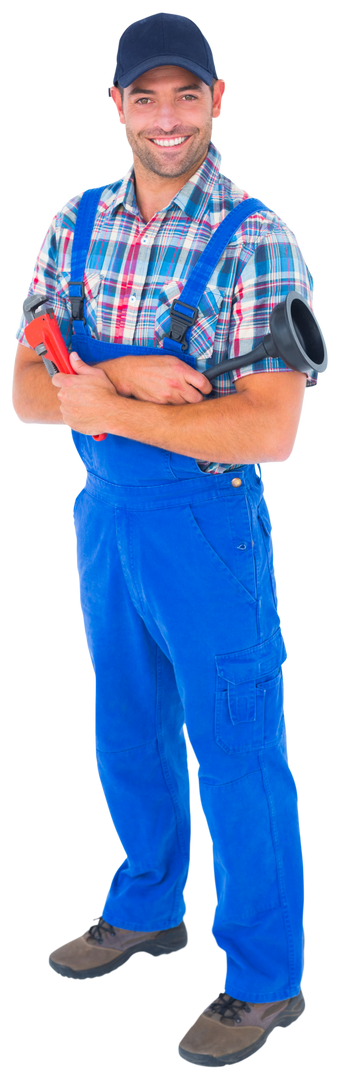 Transparent Plumber Holding Plunger and Wrench Smiling Confidently - Download Free Stock Images Pikwizard.com