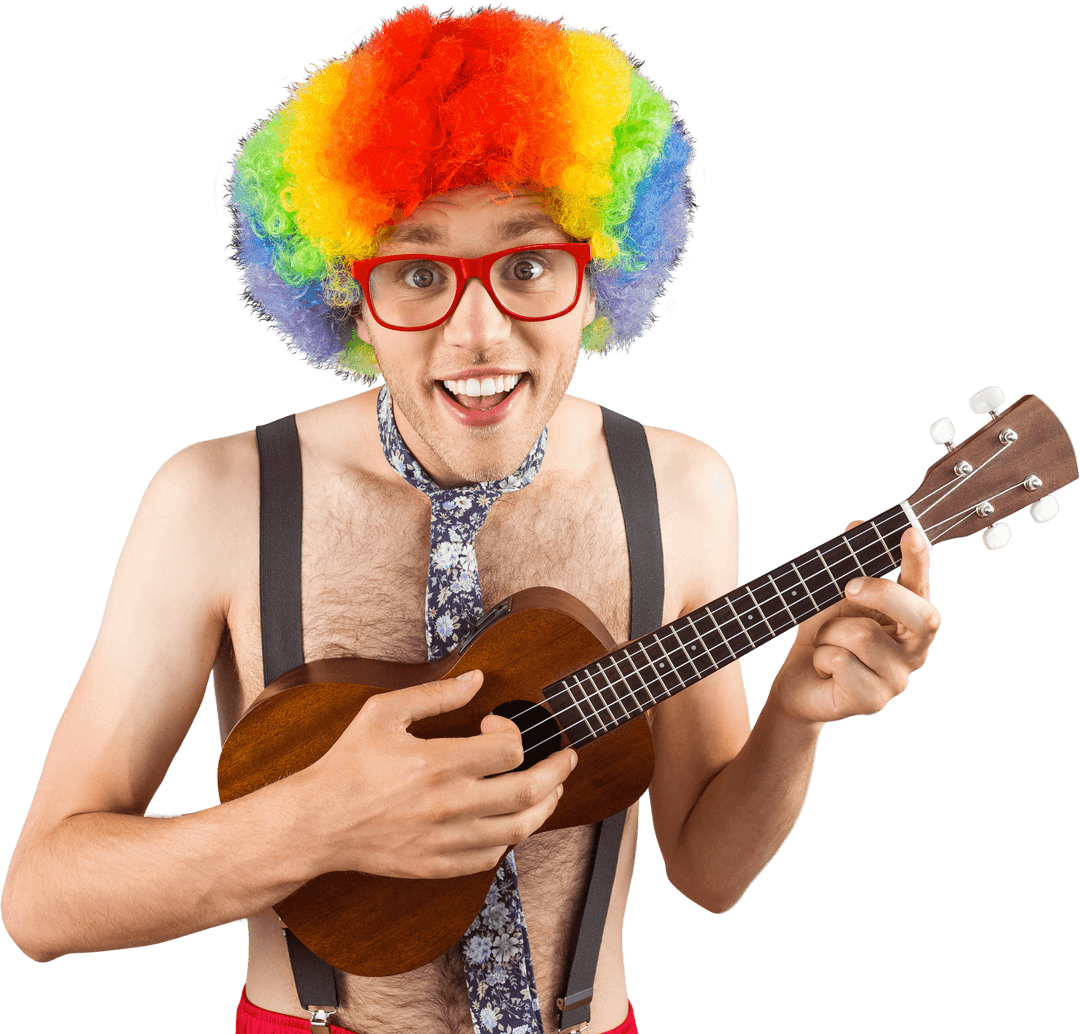 Transparent Hipster in Rainbow Wig Playing Ukulele Intently