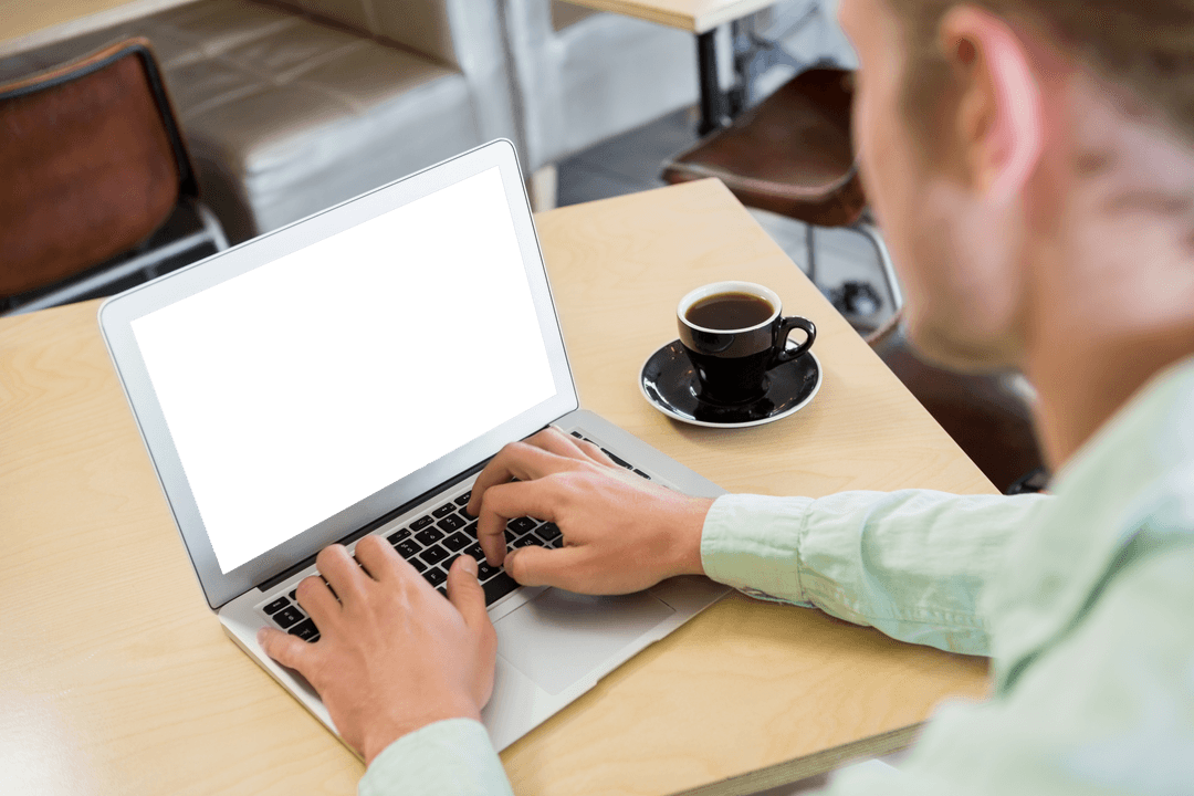 Transparent Screen Laptop Mockup in Coffee Shop Environment