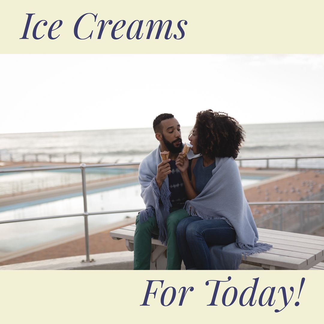 Happy Interracial Couple Enjoying Ice Cream by Seaside