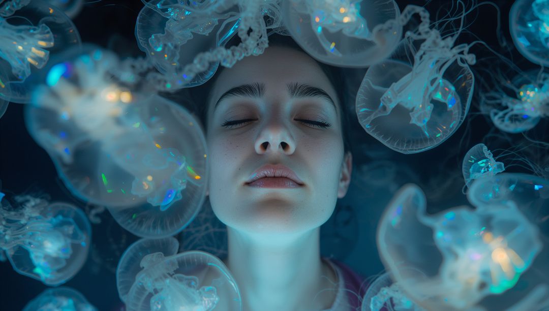 Resting woman floating with bioluminescent jellyfish glowing cyan in ethereal portrait