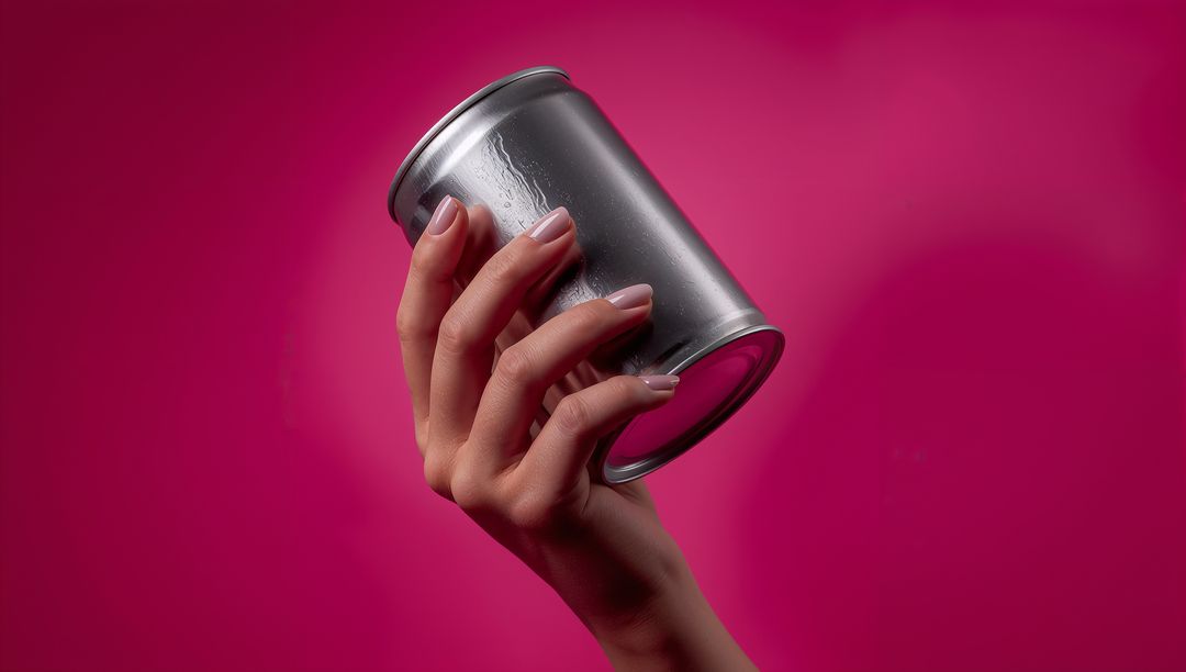 Manicured Hand Holding Metallic Can with Pink Backdrop