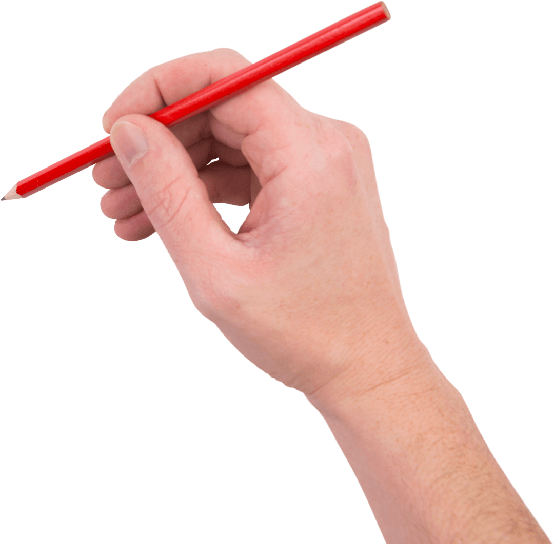 Transparent Hand With Red Pencil Writing Against White Background