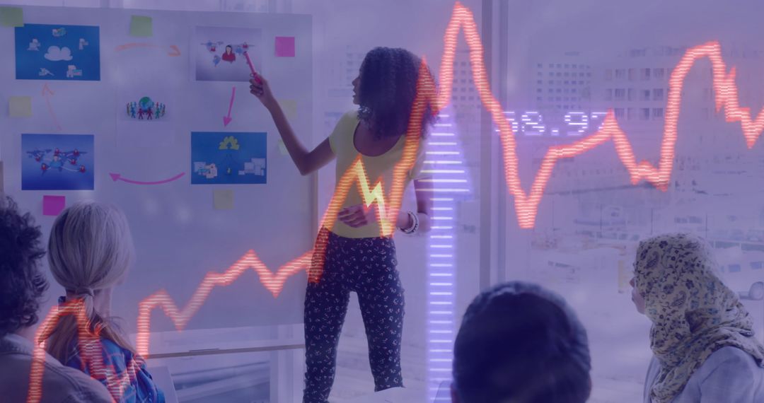 Curly-Haired Presenter Leading Strategic Team Meeting with Graph Overlay