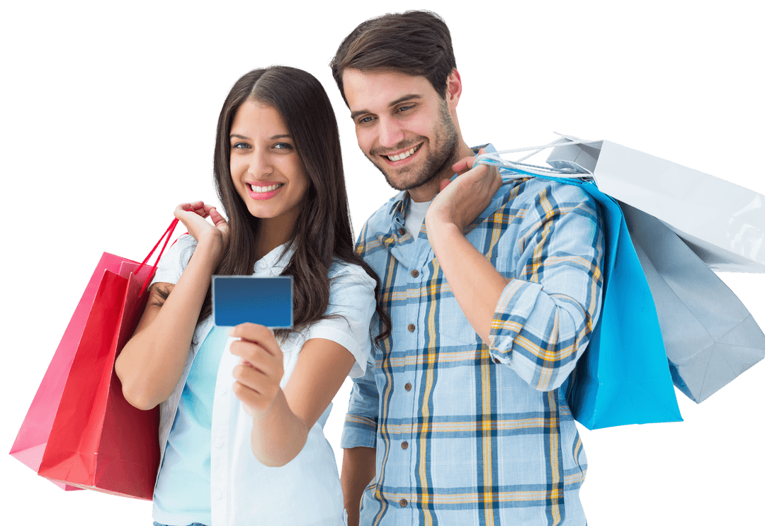 Smiling Couple with Shopping Bags Sharing Retail Excitement on Transparent Background