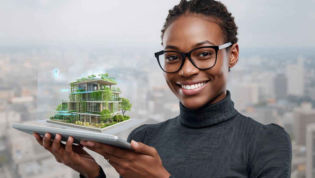 Smiling professional presenting holographic green building on tablet for sustainable design