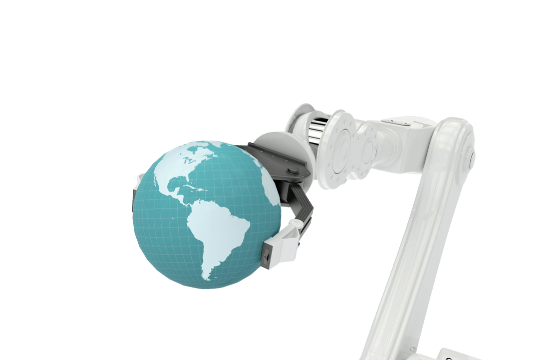 Transparent Robotic Arm Holding Digital Globe 3D Illustration