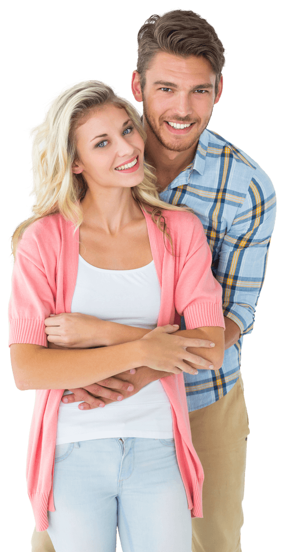 Transparent Cheerful Couple Embracing Smiling Cheerfully