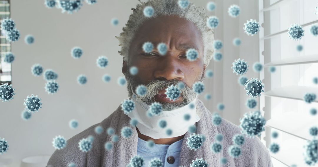 Senior Man with Mask Surrounded by Virus Particles Overlay at Home