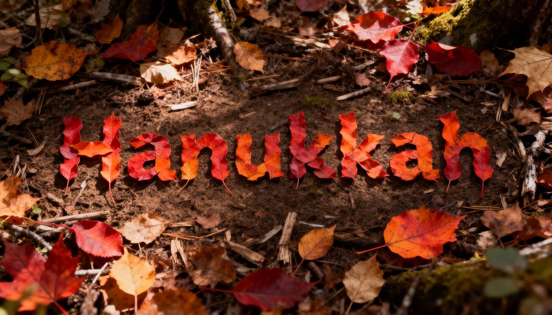Handmade Hanukkah letters crafted from autumn leaves lying on mossy forest floor