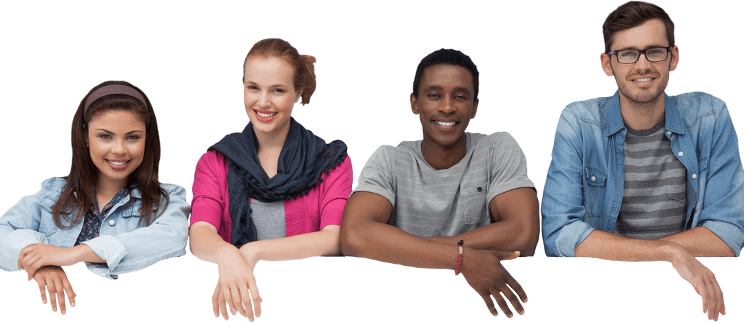 Transparent Diverse Young Friends Presenting Blank Sign