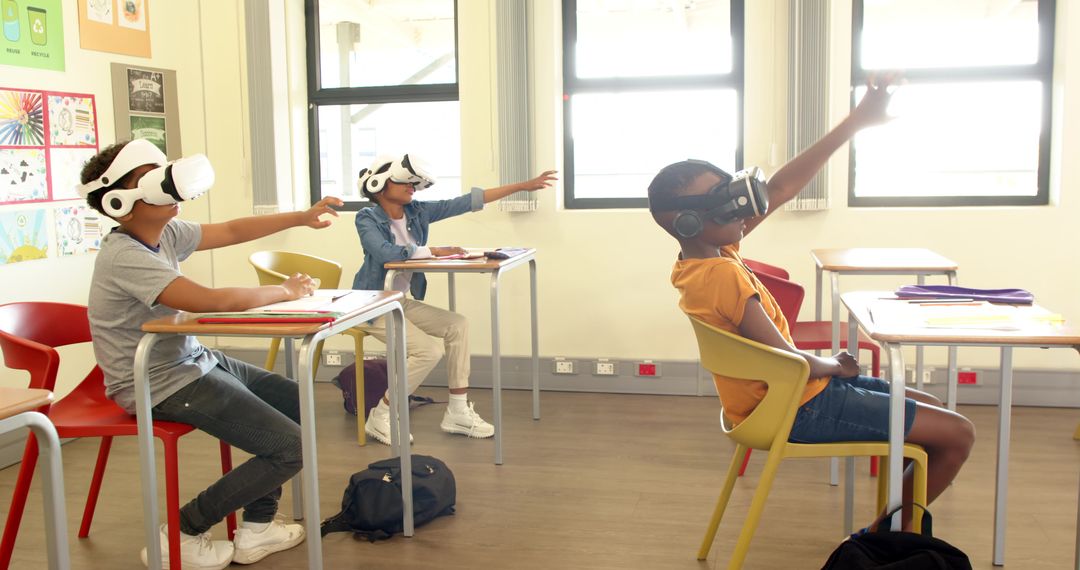 Students Engaged in Interactive Learning with VR Headsets in Classroom