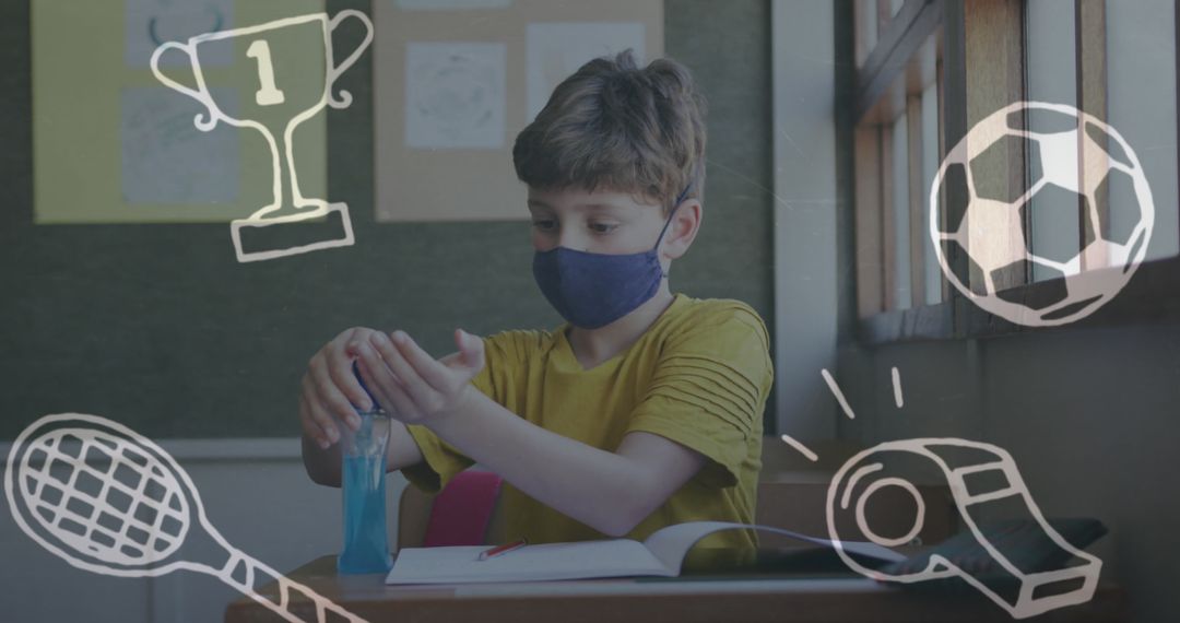 Schoolboy Using Sanitizer with Sports Symbols Overlaid