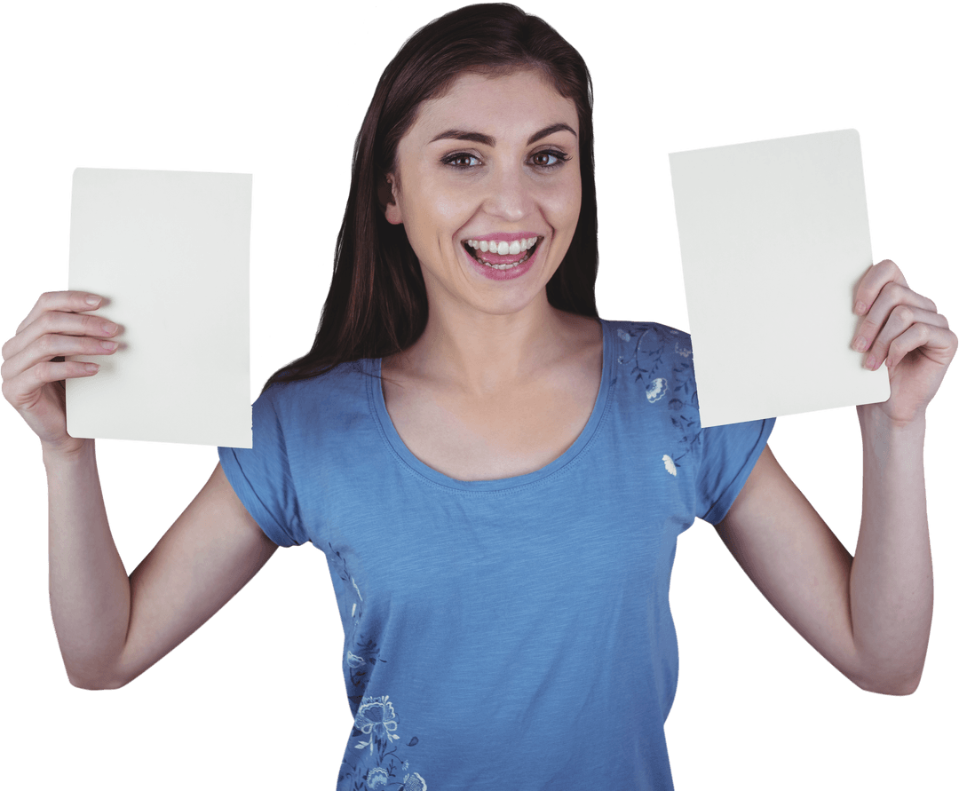 Smiling Woman Holding Two Blank Pages Against Transparent Background