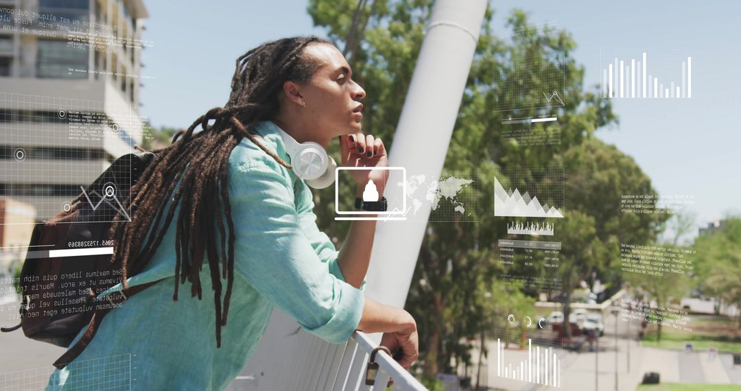 Modern Analyst Monitoring Data on Urban Balcony in Cityscape