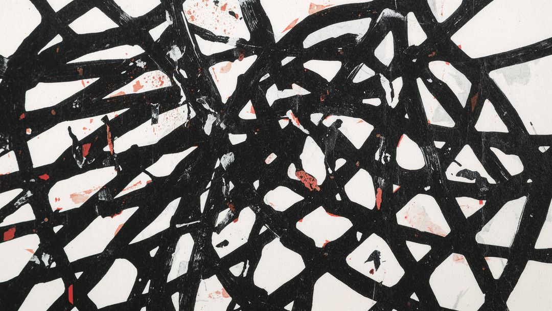 Modern Abstract Painting with Intersecting Black Strokes