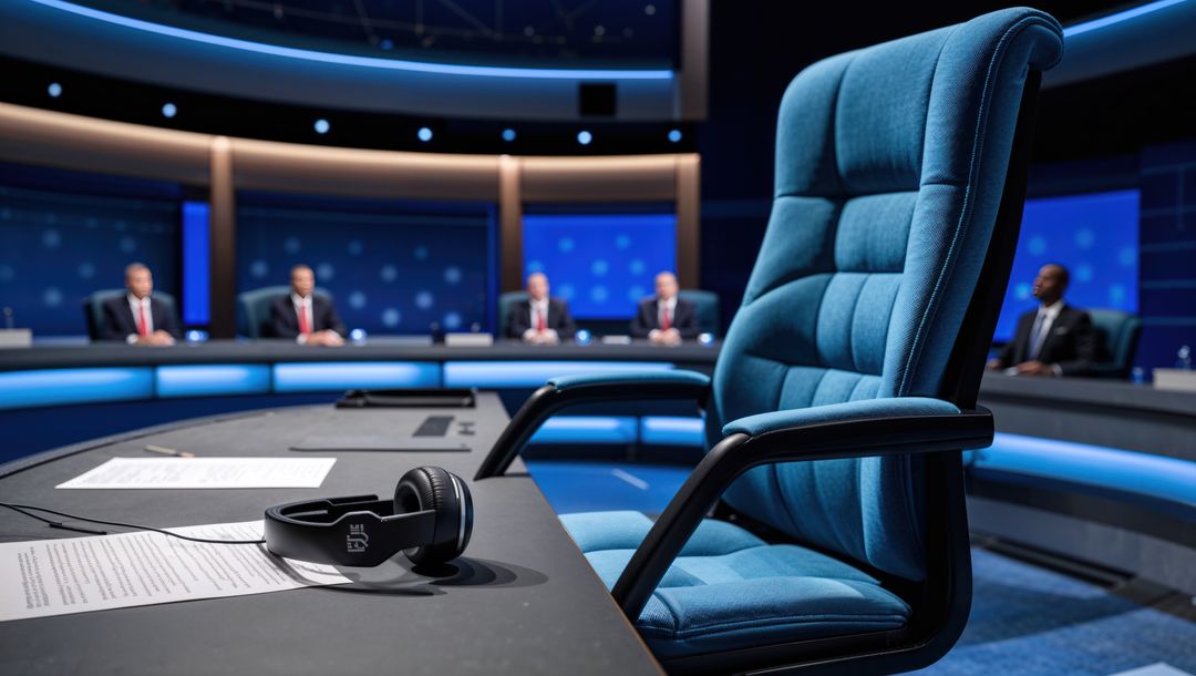 Empty blue office chair on debate stage with microphones, talking heads setting