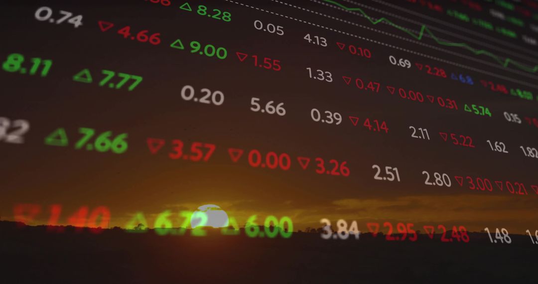 Financial Data Overlaying Sunset Sky and Tree Line