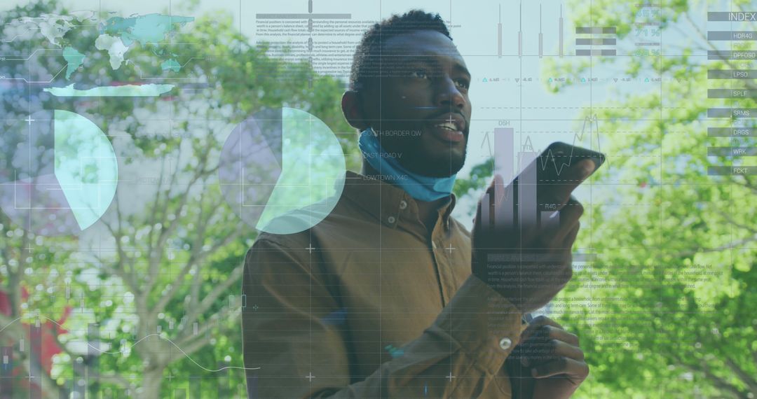 Digital Data Overlay on African American Person Using Smartphone Outdoors
