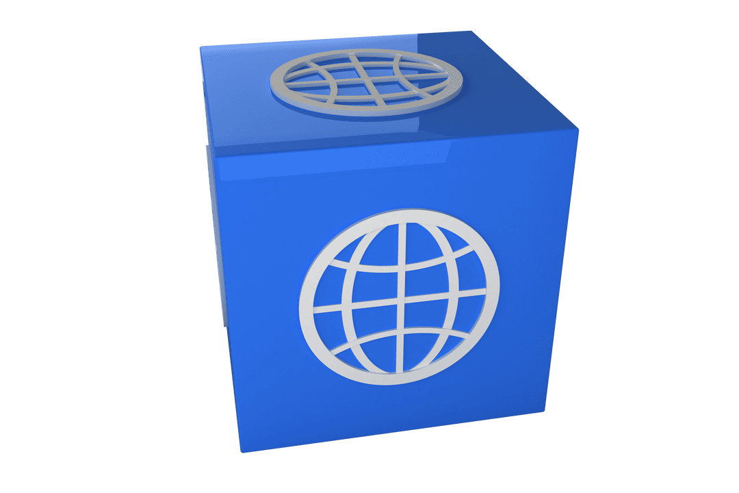 Blue Cube with Globe Icon on Transparent Background