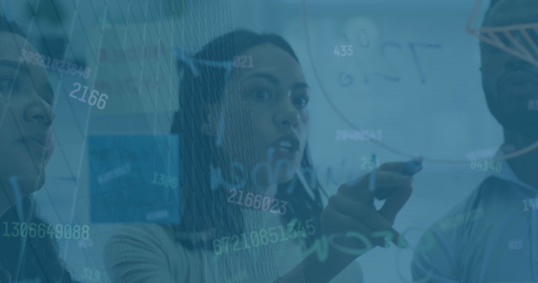 Business Team Collaborating on Statistical Data Written on Glass