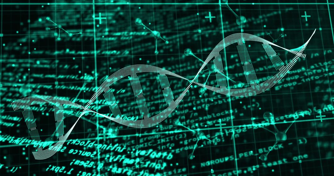 Digital DNA Strand with Data Overlay On Black Grid