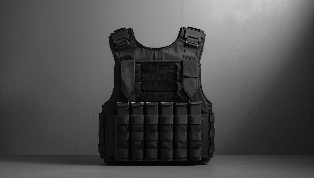 Black Tactical Armor Vest with MOLLE Webbing Featuring Magazine Pouches
