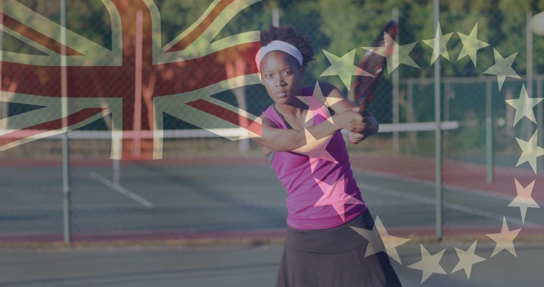 Dynamic Female Tennis Player on Court with British and EU Symbol Overlays