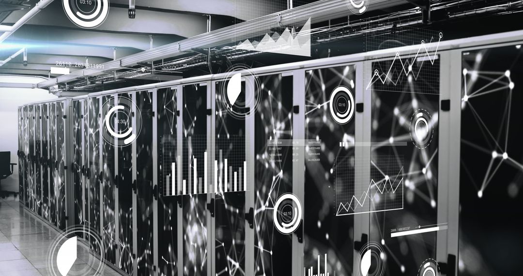 Digital Interface with Server Racks Illustrating Data Processing