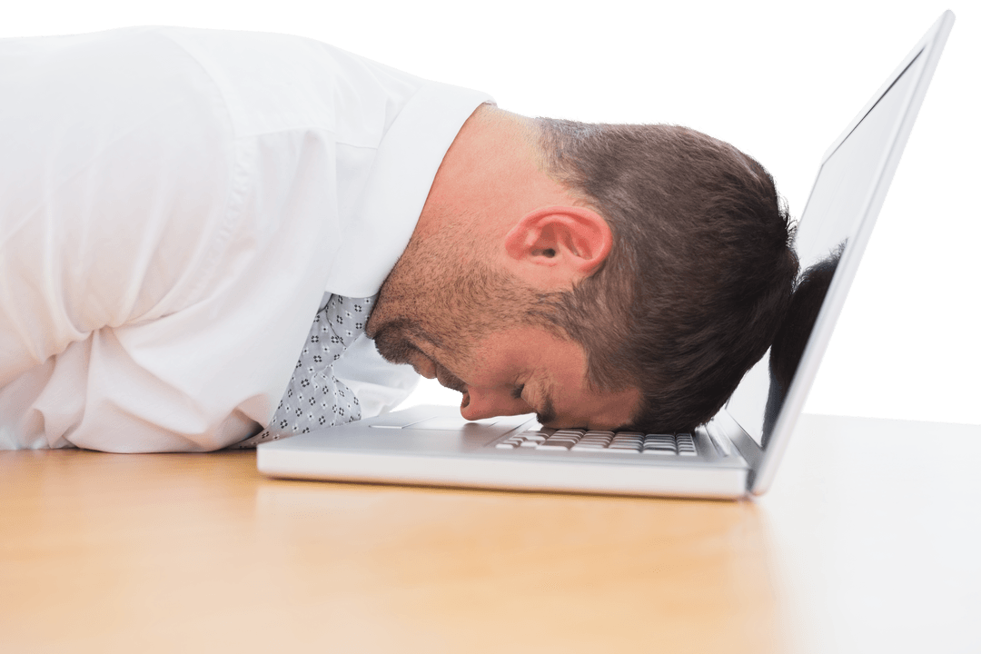 Transparent Tired Businessman with Head on Laptop at Desk