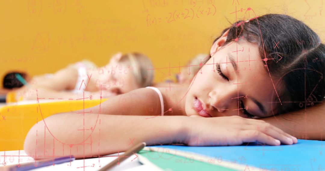 Schoolgirl resting head on arm in classroom with math equations overlay and colorful supplies