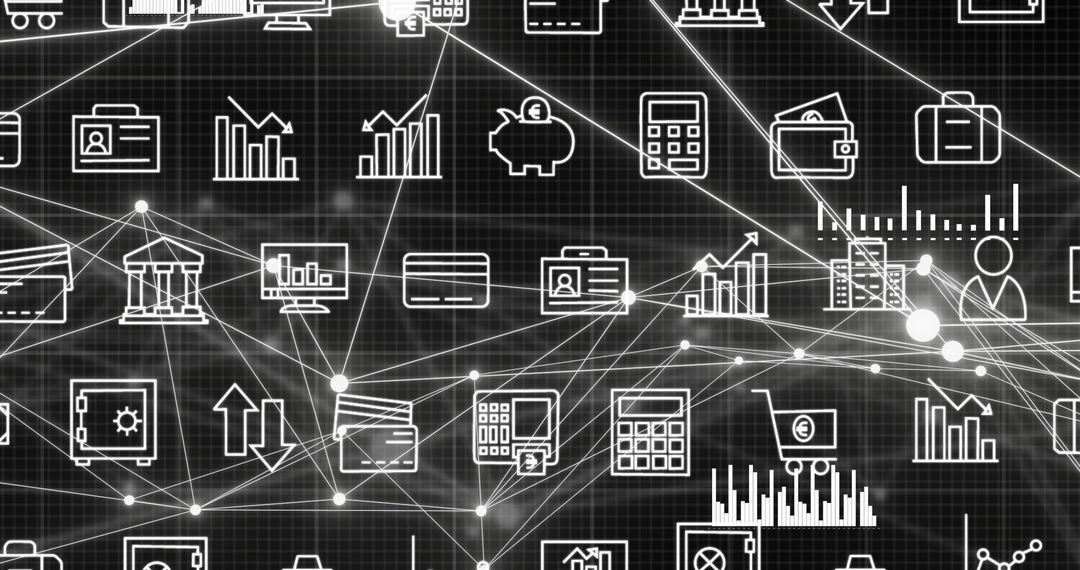 Digital Icons and Networking Grid on Black Background