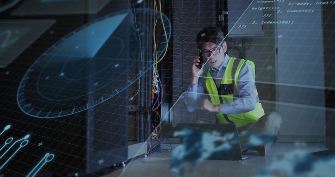 Technician Analyzing Digital Systems in Server Room