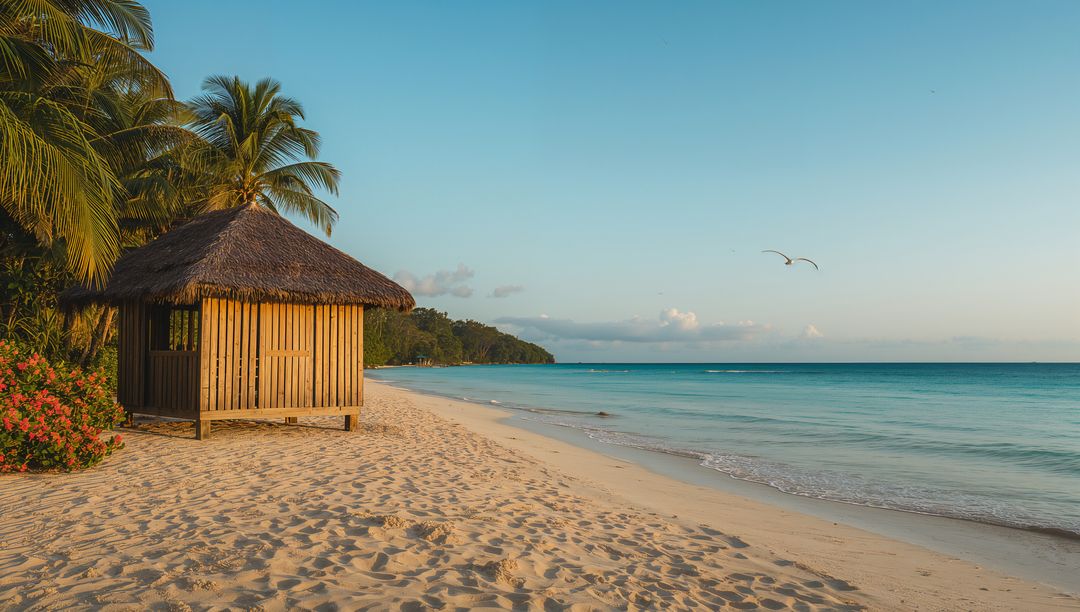 Thatched Beach Hut Basking in Golden Light on Tropical Sandy Shore with Palm Trees