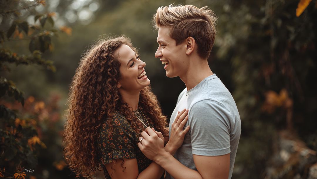 Smiling Couple Embracing on Scenic Forest Trail