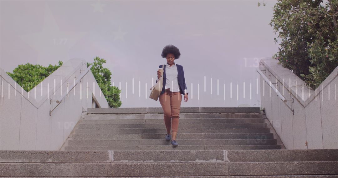 Confident Businesswoman Walking with Digital Analytics Overlay