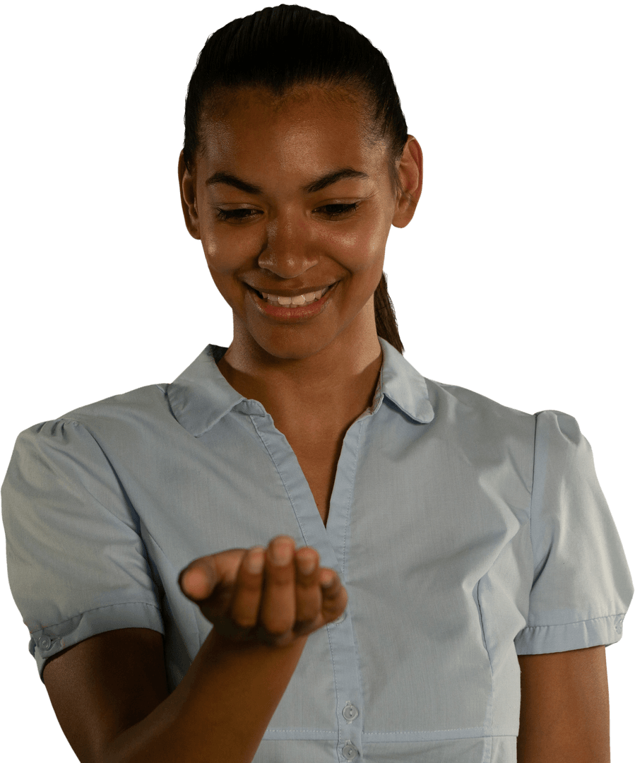 Smiling Woman in White Holding Transparent Object in Hand