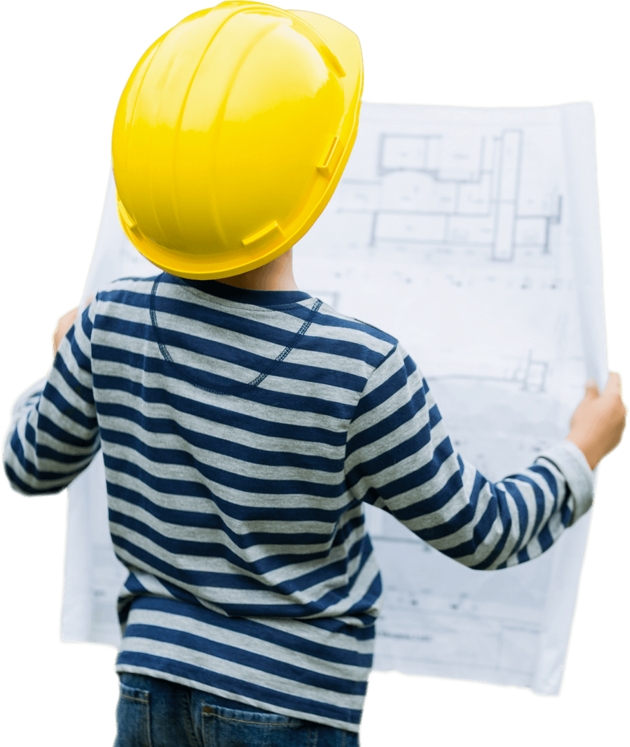 Transparent Young Engineer with Hard Hat Examining Blueprint