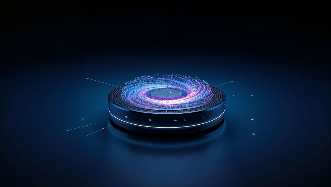 Holographic Data Vortex Projector Emitting Neon Spiral Above Futuristic LED Ring