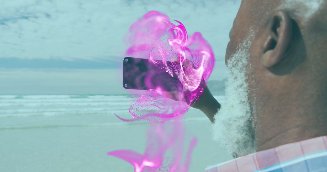 Man Experiencing Augmented Reality Effects on Beach